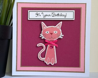 Handmade Pink Cat Birthday Card: 5x5" Square Card