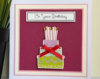 Handmade Birthday Cake Card, Embellished Banner, 5x5