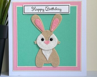 Handmade Felt Bunny Birthday Card: 5x5" Square