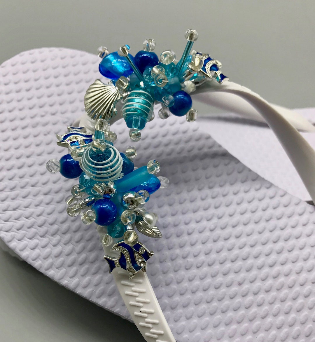 Blue Fish and Silver Shell Beaded Flip Flops - Etsy