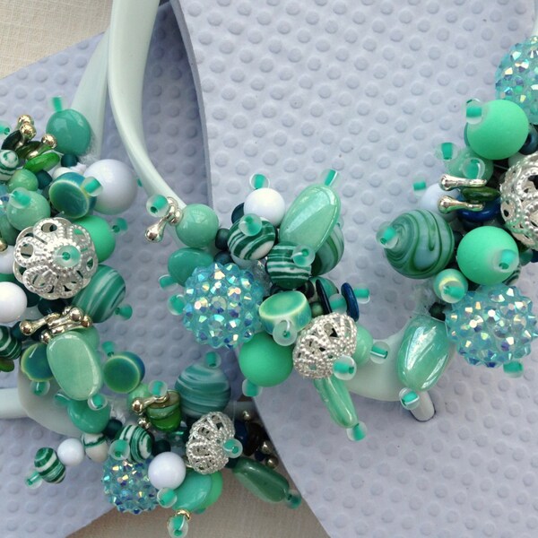 Aqua, Mint and Teal Colored Mix of "Jewel Box" Beads on White Flip Flops. Custom Order Your Size.