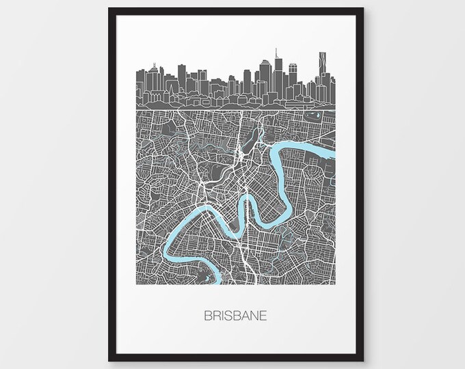 Brisbane City Skyline Map Print / Queensland / Skyline Illustration