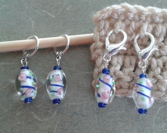Stitch Markers - blue swirl with pink flower