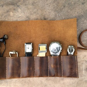 Leather Watch Roll Personalized , Brown Watch Travel Case, Pencil Roll, Protective Leather Watch Organizer image 2