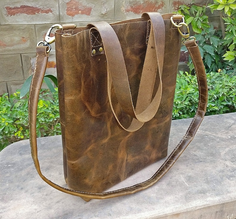 Large Brown Leather Tote Bag, Distressed Black Full Grain Bucket Bag, Girls Ladies Shopping Bag, Vintage Leather Bag, Mothers Day image 7