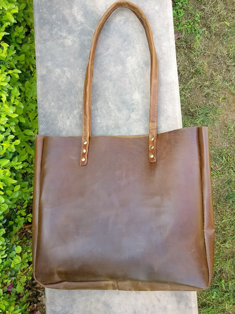 Leather Tote Shoulder Bag Brown Leather Shopping Bag Bucket Etsy