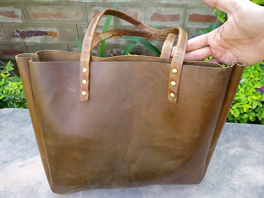 Leather Tote Shoulder Bag Brown Leather Shopping Bag Bucket Etsy