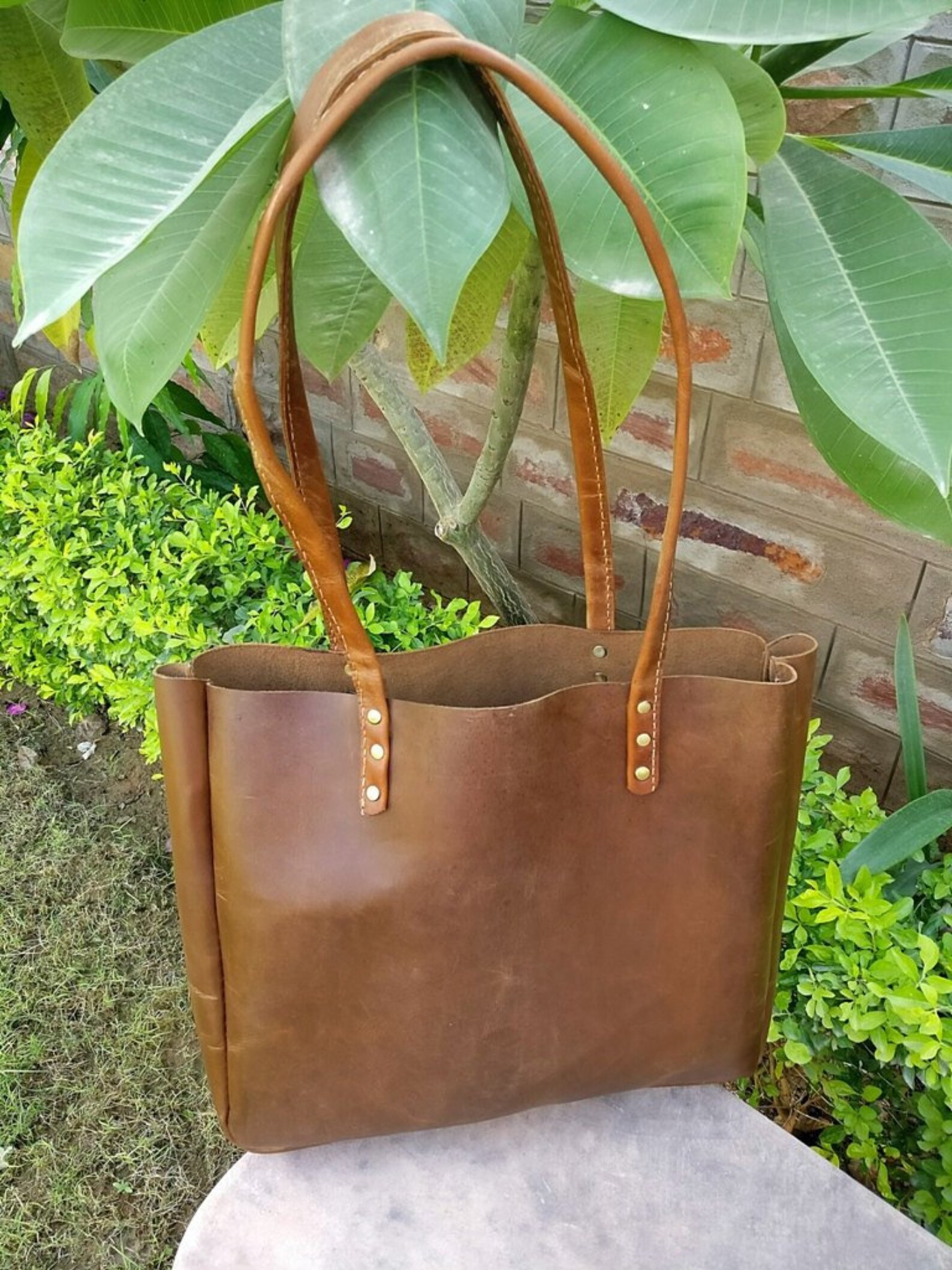 Leather Tote Shoulder Bag Brown Leather Shopping Bag Bucket Etsy