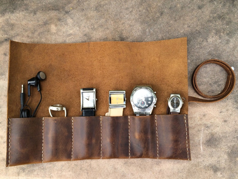 Leather Watch Roll Personalized , Brown Watch Travel Case, Pencil Roll, Protective Leather Watch Organizer image 2