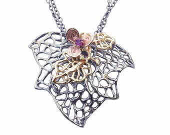 Leaves and Flower Necklace | Sterling Silver Oxidised Rose and Yellow Gold Plated Purple Rhodolite Garnet | Contemporary Modern Unusual