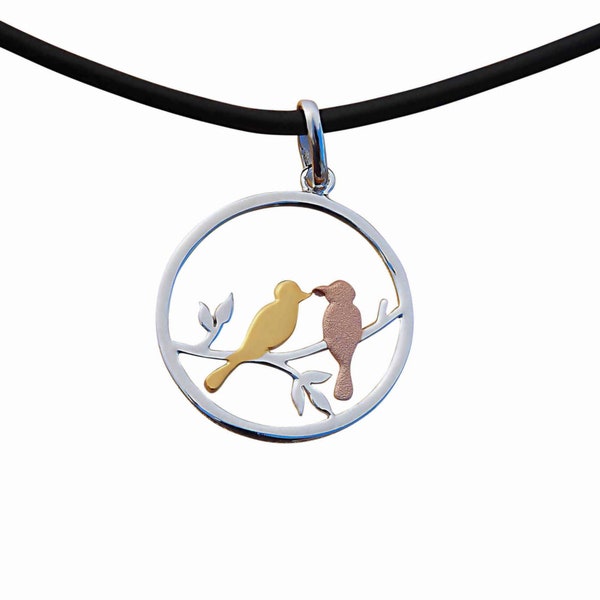 Love Birds Pendant Necklace | 925 Sterling Silver Rose and Yellow Gold Plated | Love Symbol Cute Romantic Sweet Tender Jewellery