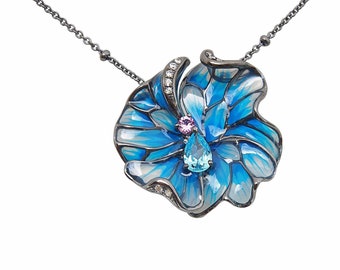 Flower Necklace | Sterling Silver | Blue Enamel | Coloured Cubic Ziconia | Style: Special Occasion