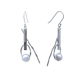 Sterling Silver Drop Earrings With Natural White Pearl | Geometric Unusual Contemporary Design