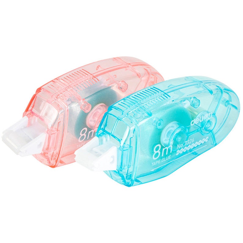 May include: Two tape dispensers, one pink and one blue, with a white applicator and the text "8m Tape Glue" and "No. 7326" on the blue dispenser.