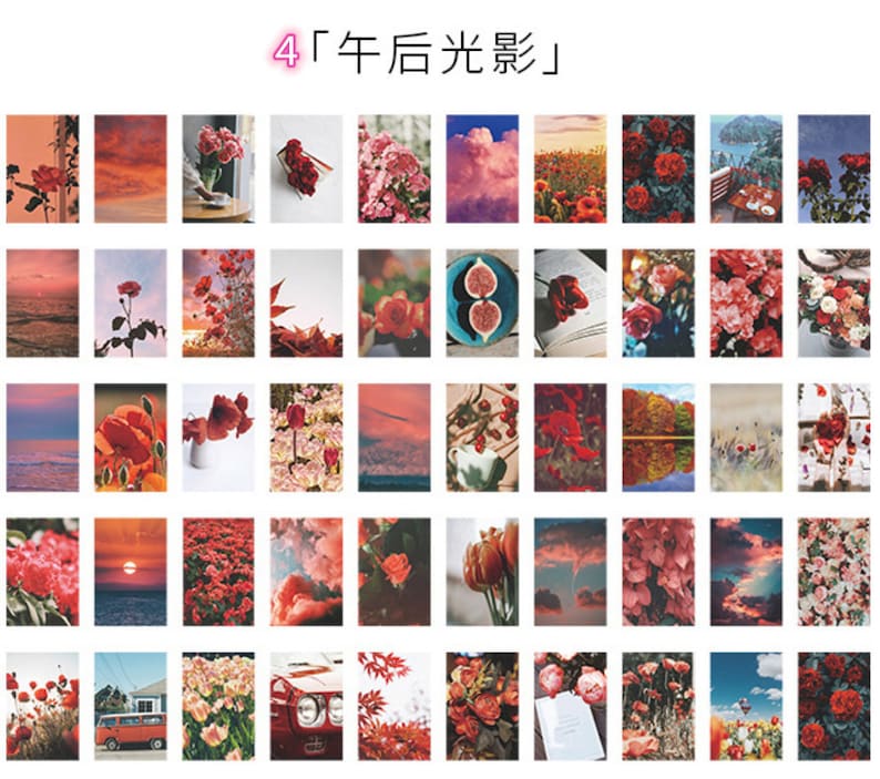 May include: A collage of 36 images featuring various floral arrangements, landscapes, and still life scenes. The images are arranged in a grid pattern and feature a variety of colours, including red, pink, white, and green. The text "4 年后 光影" is displayed at the top of the collage.