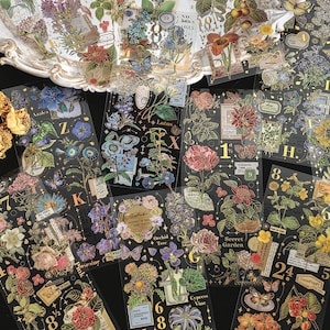 3 hojas, pegatinas de papel dorado, decoraciones florales, pegatinas de varias flores, pegatinas de PET, decoración de álbumes de fotos, pegatinas para álbumes de recortes