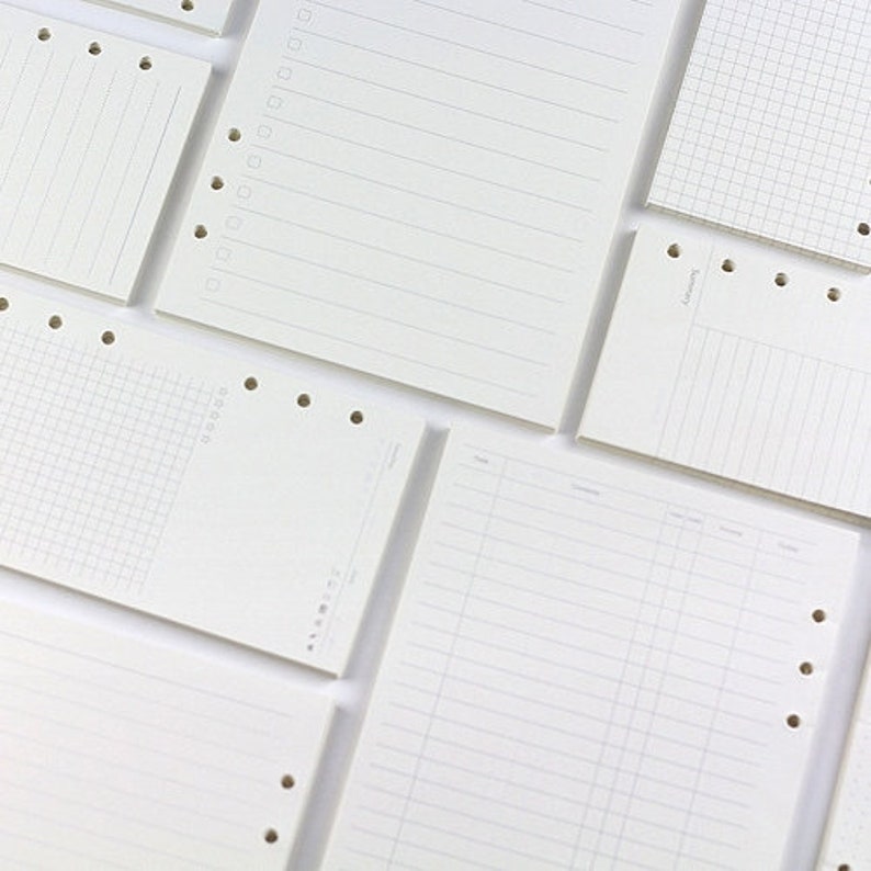 Op de afbeelding: Een set blanco, witte, gelinieerde vellen papier met gaten die langs de linker rand zijn geponst. De vellen zijn ontworpen voor gebruik in een disc-gebonden planner of notitieboek.