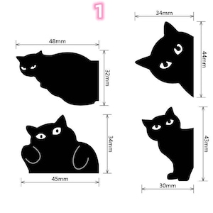 K&ouml;nnte beinhalten: F&uuml;nf schwarze Katzensilhouetten in verschiedenen Posen, jede mit einer wei&szlig;en Umrandung. Die Silhouetten sind mit Ma&szlig;en in Millimetern beschriftet.