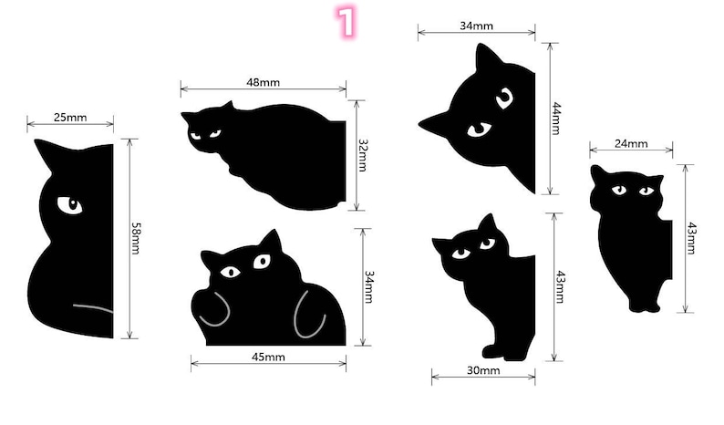 K&ouml;nnte beinhalten: F&uuml;nf schwarze Katzensilhouetten in verschiedenen Posen, jede mit einer wei&szlig;en Umrandung. Die Silhouetten sind mit Ma&szlig;en in Millimetern beschriftet.