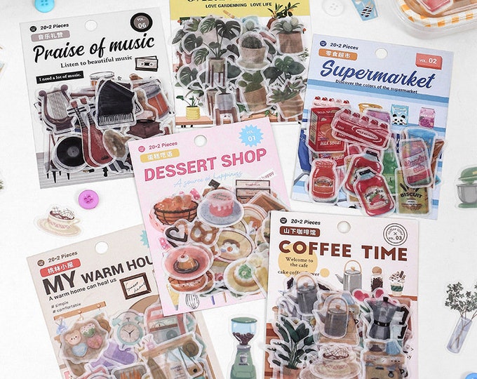 40pcs, food stickers, Cake,  coffee stickers, flowerpot, music, photo album decoration, Cute Stickers, kawaii stationary, scrapbook sticker