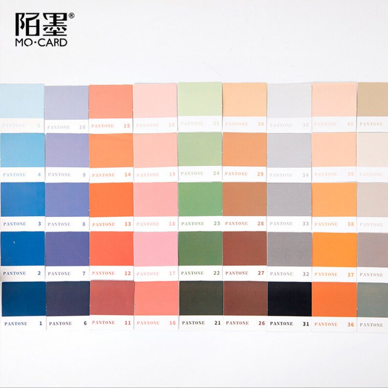 May include: A color chart with 40 different shades of color, labeled with Pantone numbers. The chart is divided into four rows of ten squares each. The colors range from light blue to dark brown.