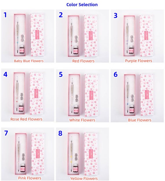 7-teiliges Glasstift-Set Handgemacht – Mit Blumenmuster, 4 Tinten, Waschflasche & Halter, In Geschenkbox, Für Kalligraphie