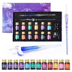 Conjunto de canetas de caligrafia de vidro grande com 12 frascos de tinta, volta às aulas, conjunto de caixa de presente com caneta de cristal, presente para amigo, conjuntos de canetas de imersão de vidro, conjunto de presente
