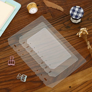 May include: Three clear plastic sheets with rounded corners and six holes down the left side. The sheets are stacked on top of each other, with the largest sheet on the bottom and the smallest sheet on top.