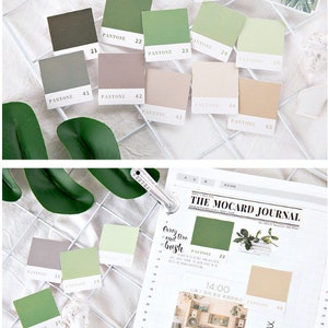May include: A set of 10 color swatches with the Pantone color number and name printed on each. The swatches are arranged in a grid pattern on a white surface. The colors include green, brown, beige, and gray.