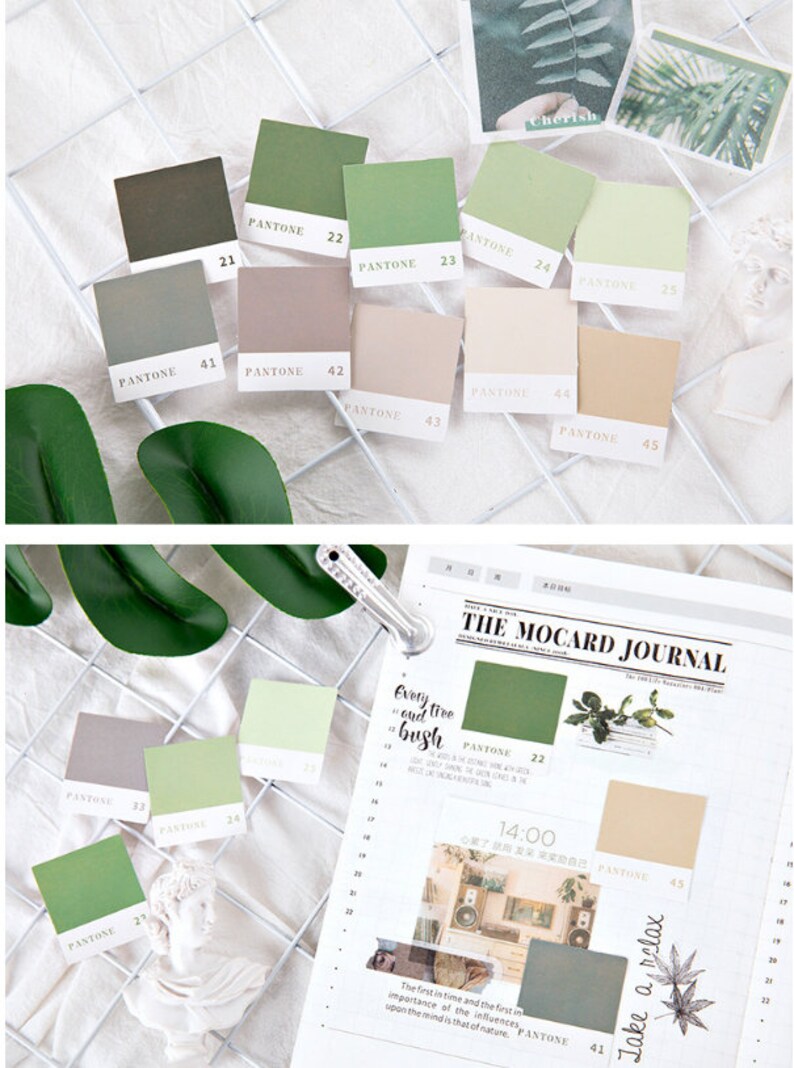 May include: A set of 10 color swatches with the Pantone color number and name printed on each. The swatches are arranged in a grid pattern on a white surface. The colors include green, brown, beige, and gray.