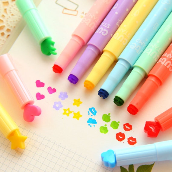 2 Pcs, Highlighter Pens, Marker Pen, Fluorescent Pens, Kawaii Stationary,  Stamp Pens, Sign Pen, Fluorescent Colors, Planner Pen, Star Shaped 