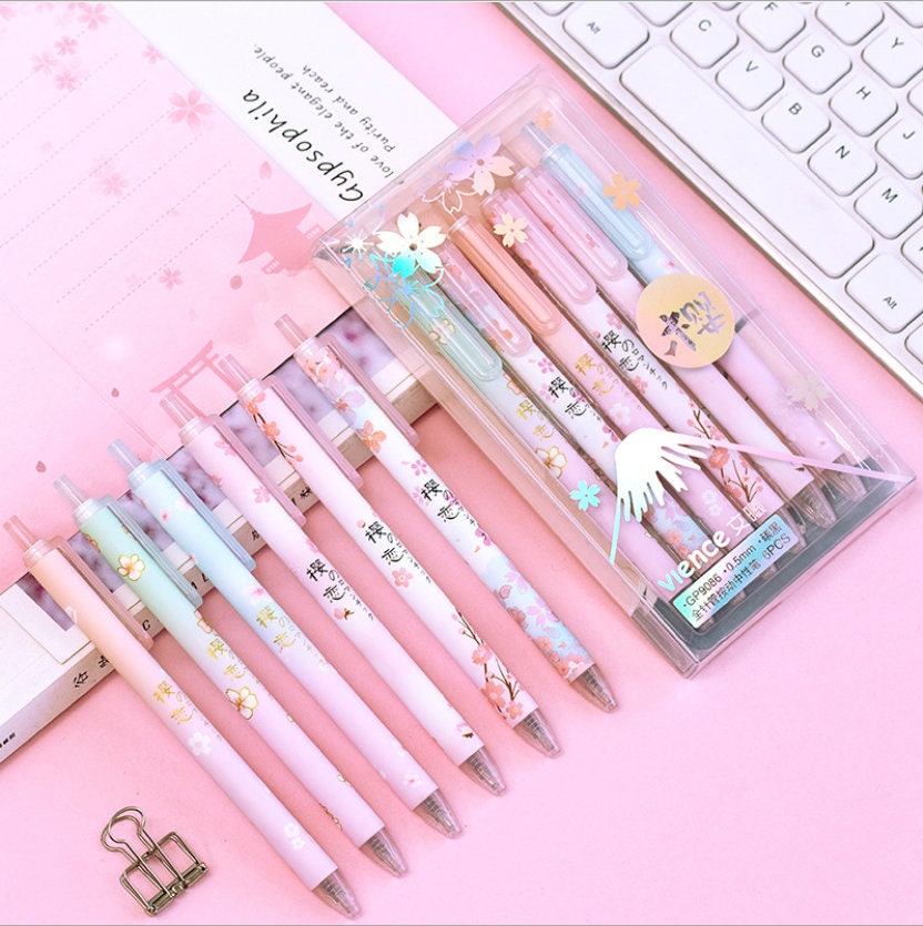 6pcs, Sakura Pens, Pink Pens, 0.5mm, Gel Pen, Cartoon Pen, Kawaii  Stationary, Cute Pens, Sign Pen, Gel Ink Pen, Planner Pen, Black Gel Pens 