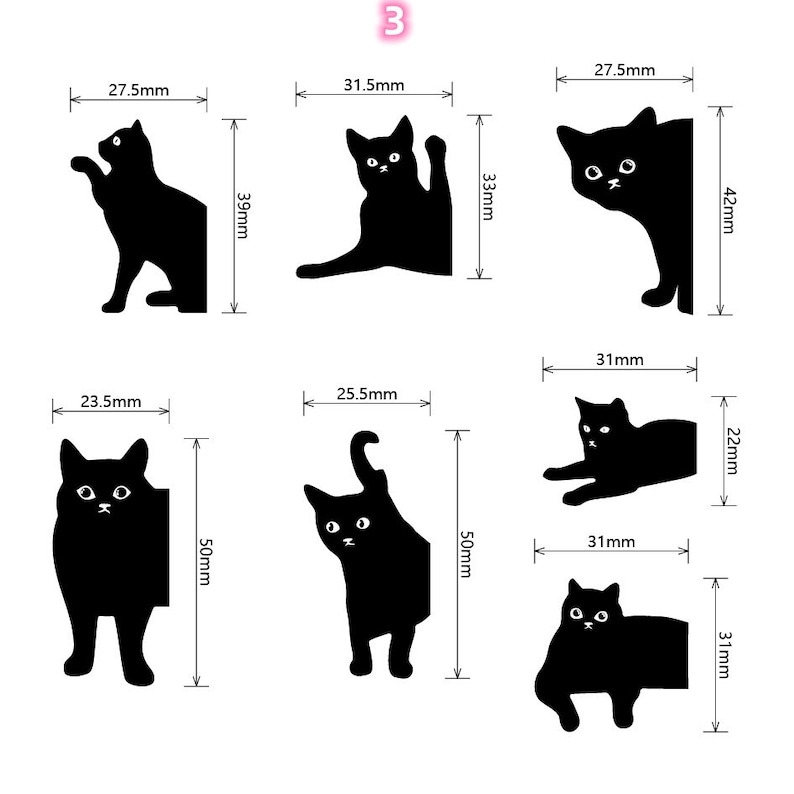 K&ouml;nnte beinhalten: Sechs schwarze Katzen-Silhouetten-Papier-Lesezeichen in verschiedenen Posen. Die Lesezeichen sind etwa 5-8 cm hoch und 2,5-5 cm breit.
