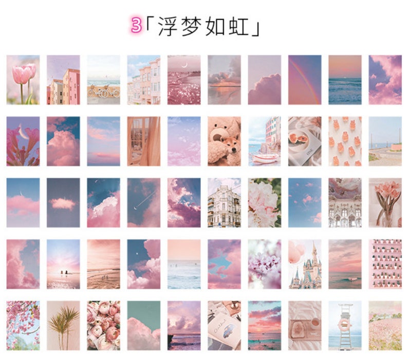 May include: A set of 36 pink and blue aesthetic scrapbook paper stickers featuring various images, including clouds, buildings, flowers, and a teddy bear. The stickers are ideal for adding a touch of whimsy and charm to your projects.