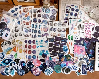 Set of 150pcs, Material bag, gift packs, junk journal paper, earth, stars, planets, moon stickers, scrapbook paper, bullet journaling kit