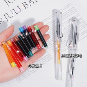 Pluma estilográfica transparente bonita, 0,5 mm/0,38 mm, bolsa de tinta reemplazable, 2 formas de uso, bolsa de tinta de 10 colores diferentes, regreso a clases, negocios