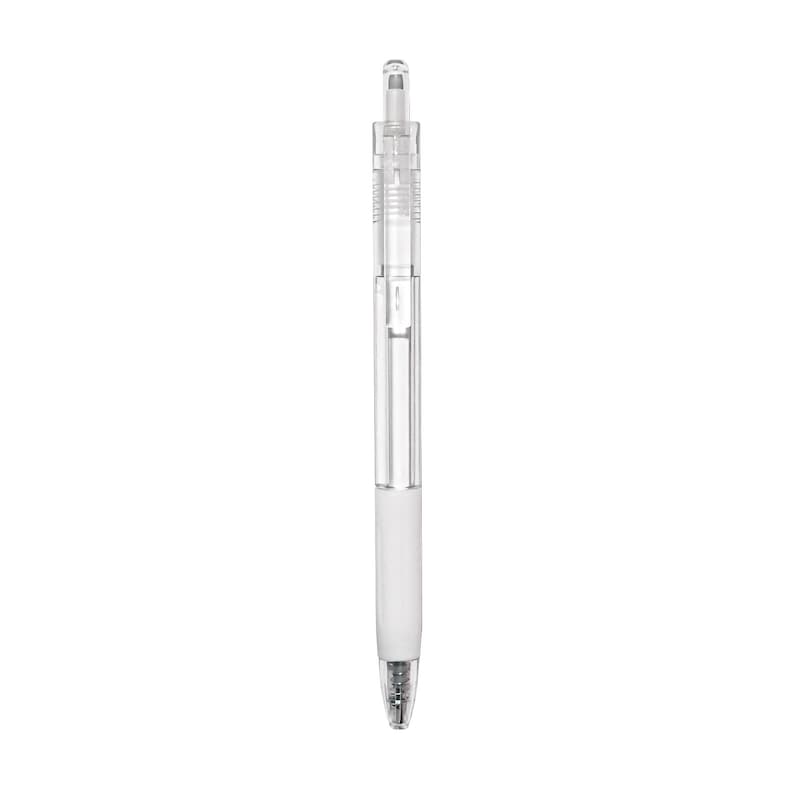 Puede incluir: Un bol&iacute;grafo retr&aacute;ctil transparente y blanco con un clip plateado.