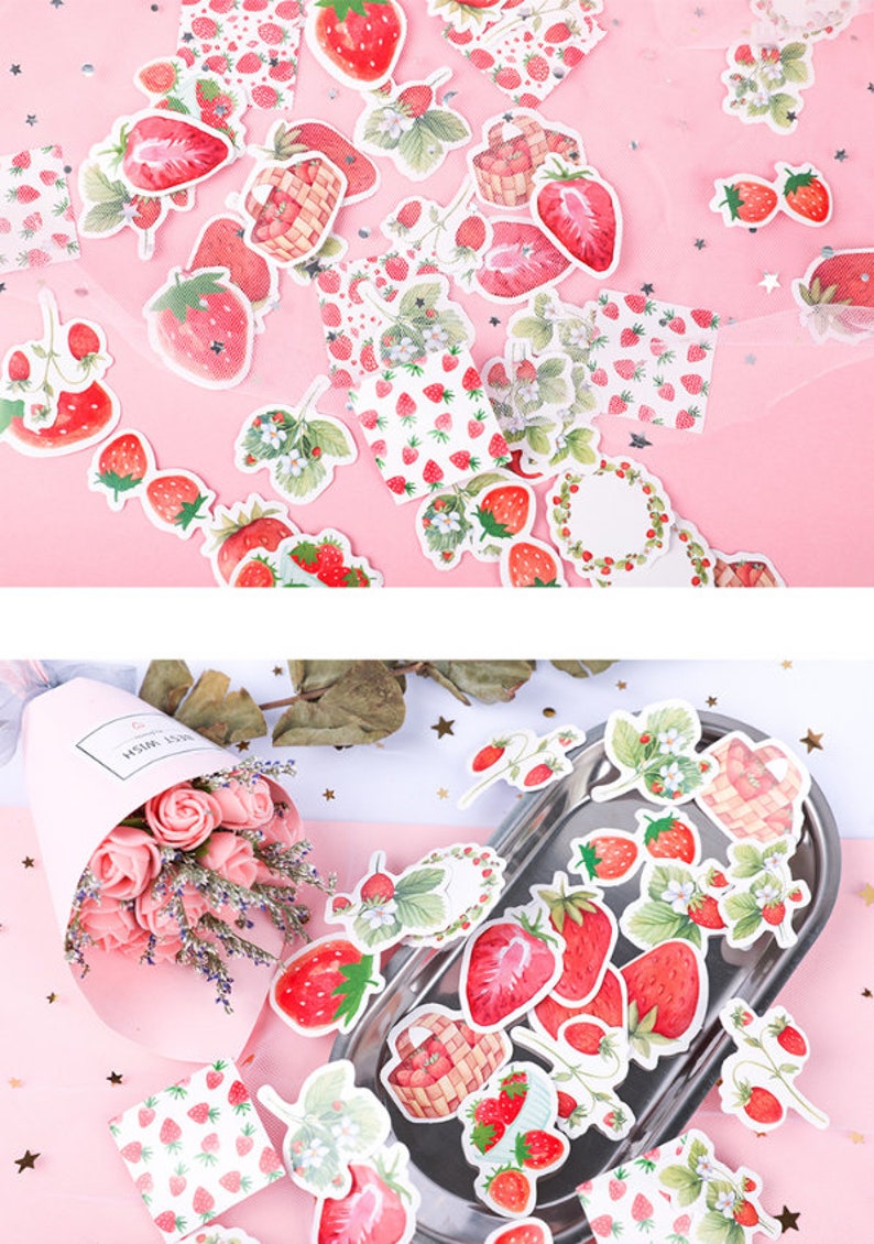 K&ouml;nnte beinhalten: Eine Blatt mit bunten Aufklebern mit Illustrationen von Erdbeeren, Bl&auml;ttern und K&ouml;rben. Die Aufkleber befinden sich auf einem rosa Hintergrund.