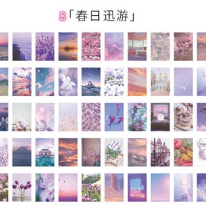 May include: A collage of 36 images featuring a variety of pastel-coloured scenes, including landscapes, flowers, and abstract designs. The images are arranged in a grid pattern and have a soft, dreamy aesthetic.