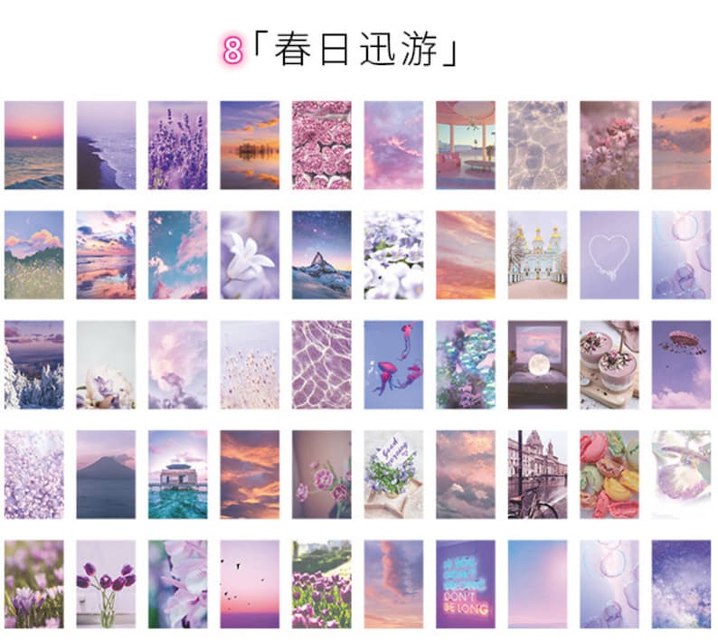 May include: A collage of 36 images featuring a variety of pastel-coloured scenes, including landscapes, flowers, and abstract designs. The images are arranged in a grid pattern and have a soft, dreamy aesthetic.