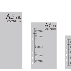 Op de afbeelding: Diagram met de verschillende formaten A5, A6 en A7 papier met 6 gaten voor een map. De afmetingen zijn in millimeters.