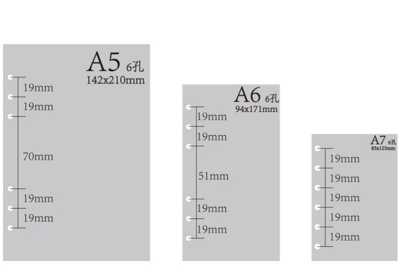 Op de afbeelding: Diagram met de verschillende formaten A5, A6 en A7 papier met 6 gaten voor een map. De afmetingen zijn in millimeters.