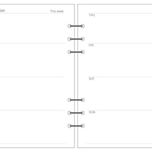 Op de afbeelding: Een weekplanner met een zwart-wit ontwerp. De planner heeft een sectie voor elke dag van de week, van maandag tot zondag. De planner heeft een binding met metalen ringen.
