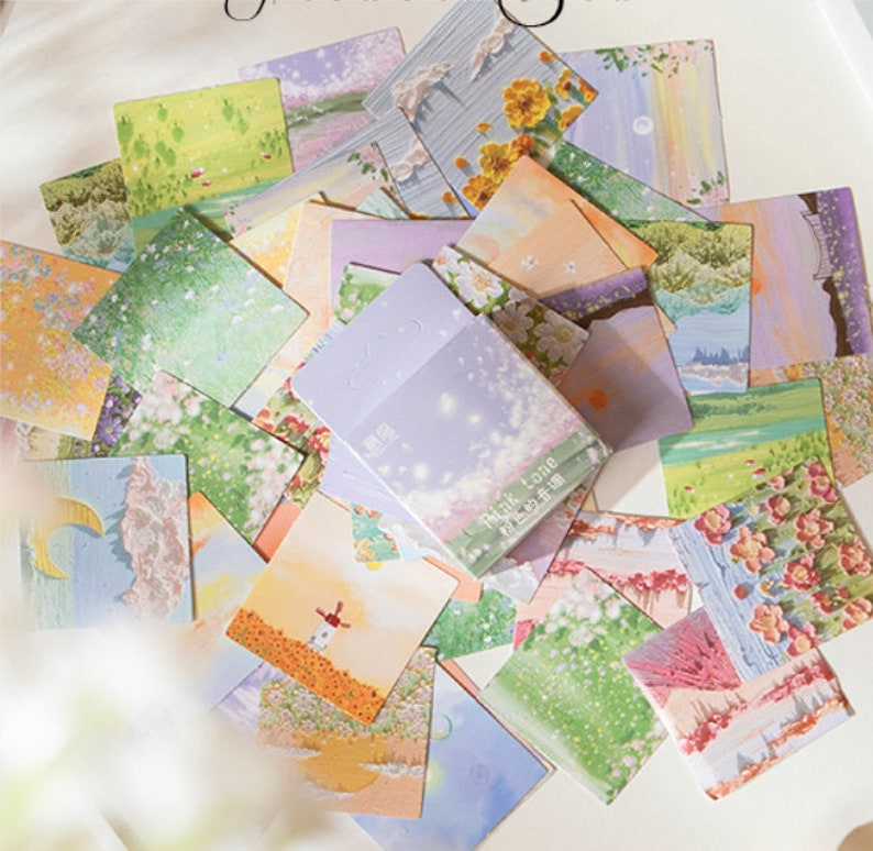 May include: A set of colorful, pastel-toned square stickers featuring various nature scenes. The stickers are in a purple box with the text "Think Love" and Chinese characters.