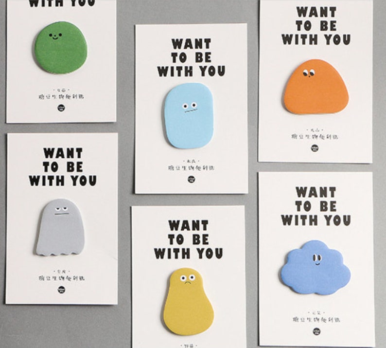 May include: Set of six colorful sticky notes with different cartoon characters and the text "Want to be with you".