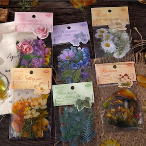 40 pezzi, adesivi per piante, funghi, foglie, fiori, decorazioni per album fotografici, diari, adesivi PET, adesivi per planner, adesivi per album di ritagli