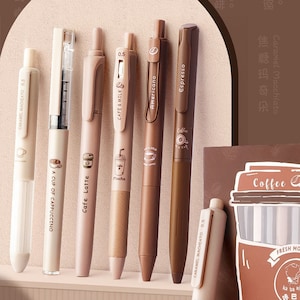Juego de 6 bolígrafos de gel, bolígrafos de café, papelería kawaii, bolígrafos bonitos, bolígrafos para firmar, bolígrafos de gel negros, bolígrafos resaltadores, bolígrafos estéticos, útiles escolares