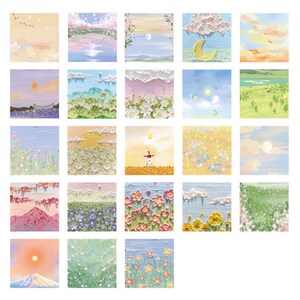 May include: A set of 25 digital paper designs featuring various pastel-colored landscapes with flowers, mountains, clouds, and skies. The designs are perfect for scrapbooking, card making, and other craft projects.
