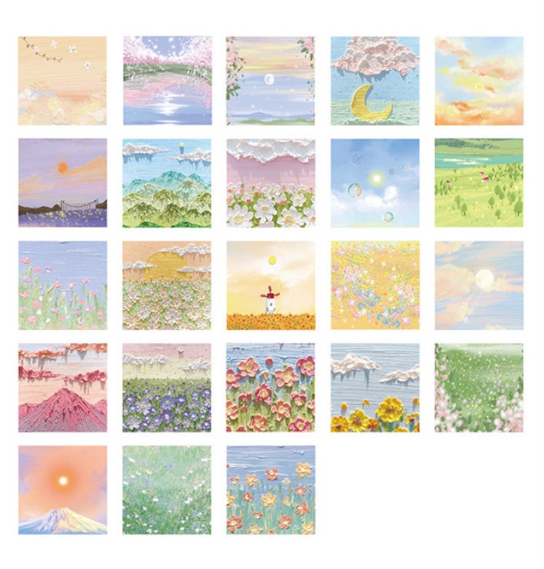 May include: A set of 25 digital paper designs featuring various pastel-colored landscapes with flowers, mountains, clouds, and skies. The designs are perfect for scrapbooking, card making, and other craft projects.