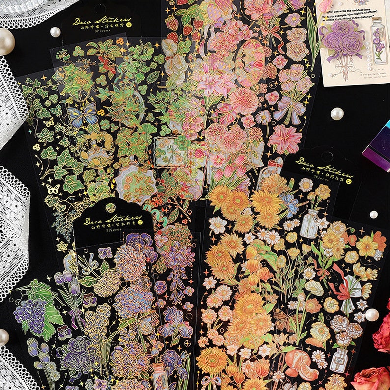 3 sheets, Gold Foil Stickers, strawberry decorations, various flowers stickers, PET stickers, photo album decoration, Scrapbook Sticker image 2